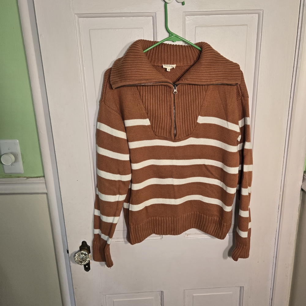 Aaron & Amber Striped Cowl Neck Sweater in Brown and White Size S